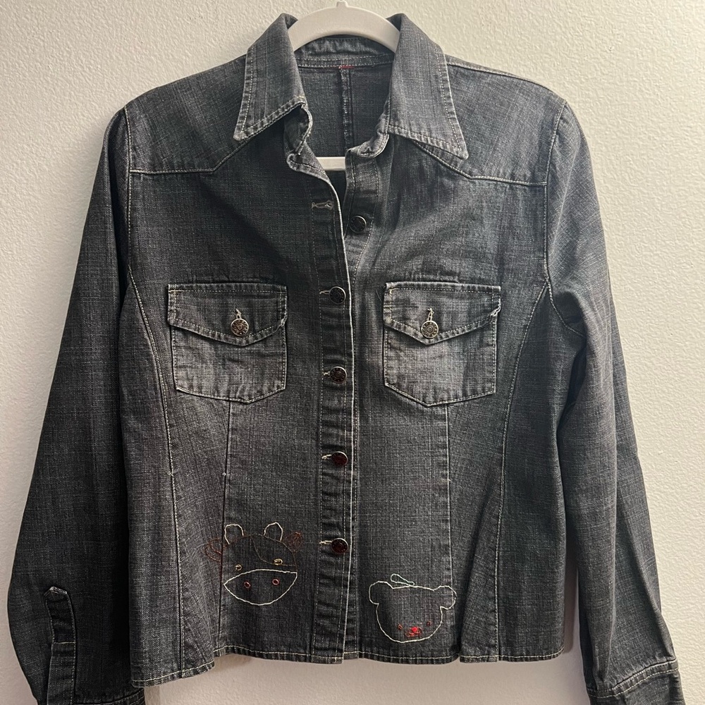 Women's Black Denim Jean Jacket with Embroidered Animals
